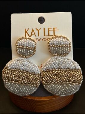 Kay Lee Gold and White Hand Beaded in India Statement Drop Earrings NWT